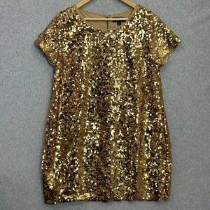 LU NYC Dress Gold Sequin Short Sleeve Shift Holiday Party Glam Disco Size Large